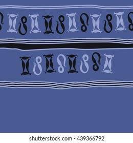 Horizontal seamless pattern of zodiac signs, doodles,  object, gemini,lion, stripes, spot, copy space. Hand drawn.