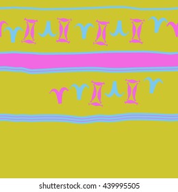 Horizontal seamless pattern of zodiac signs, doodles,  object, gemini,aries, stripes, spot, copy space. Hand drawn.