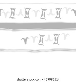 Horizontal seamless pattern of zodiac signs, doodles,  object, gemini,aries, stripes, spot, copy space. Hand drawn.