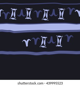 Horizontal seamless pattern of zodiac signs, doodles,  object, gemini,aries, stripes, spot, copy space. Hand drawn.