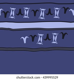 Horizontal seamless pattern of zodiac signs, doodles,  object, gemini,aries, stripes, spot, copy space. Hand drawn.