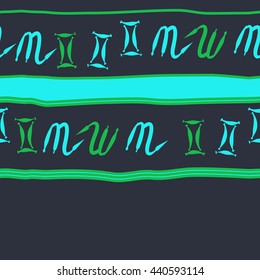 Horizontal seamless pattern of zodiac signs, doodles,  object, gemini,scorpio, stripes, spot, copy space. Hand drawn.