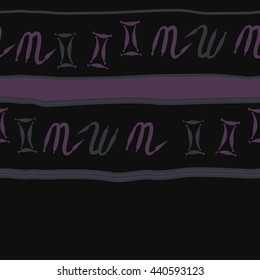 Horizontal seamless pattern of zodiac signs, doodles,  object, gemini,scorpio, stripes, spot, copy space. Hand drawn.