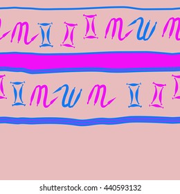 Horizontal seamless pattern of zodiac signs, doodles,  object, gemini,scorpio, stripes, spot, copy space. Hand drawn.