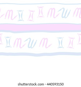 Horizontal seamless pattern of zodiac signs, doodles,  object, gemini,scorpio, stripes, spot, copy space. Hand drawn.