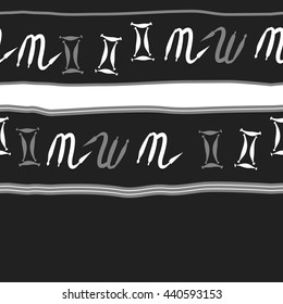 Horizontal seamless pattern of zodiac signs, doodles,  object, gemini,scorpio, stripes, spot, copy space. Hand drawn.