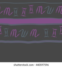 Horizontal seamless pattern of zodiac signs, doodles,  object, gemini,scorpio, stripes, spot, copy space. Hand drawn.