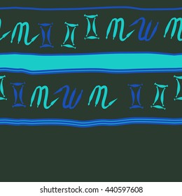Horizontal seamless pattern of zodiac signs, doodles,  object, gemini,scorpio, stripes, spot, copy space. Hand drawn.