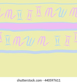 Horizontal seamless pattern of zodiac signs, doodles,  object, gemini,scorpio, stripes, spot, copy space. Hand drawn.