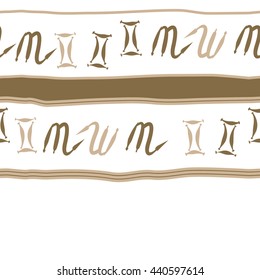 Horizontal seamless pattern of zodiac signs, doodles,  object, gemini,scorpio, stripes, spot, copy space. Hand drawn.