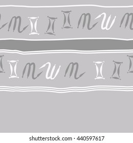 Horizontal seamless pattern of zodiac signs, doodles,  object, gemini,scorpio, stripes, spot, copy space. Hand drawn.