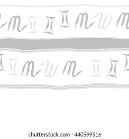 Horizontal seamless pattern of zodiac signs, doodles,  object, gemini,scorpio, stripes, spot, copy space. Hand drawn.