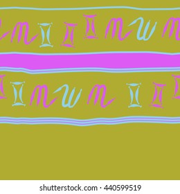 Horizontal seamless pattern of zodiac signs, doodles,  object, gemini,scorpio, stripes, spot, copy space. Hand drawn.