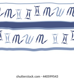 Horizontal seamless pattern of zodiac signs, doodles,  object, gemini,scorpio, stripes, spot, copy space. Hand drawn.