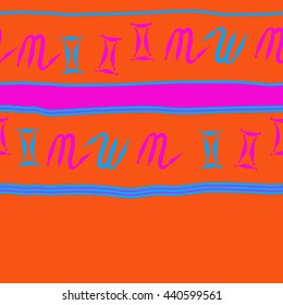 Horizontal seamless pattern of zodiac signs, doodles,  object, gemini,scorpio, stripes, spot, copy space. Hand drawn.