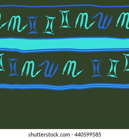 Horizontal seamless pattern of zodiac signs, doodles,  object, gemini,scorpio, stripes, spot, copy space. Hand drawn.