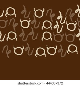 Horizontal seamless pattern of zodiac signs, doodles,  object, taurus,capricorn, copy space. Hand drawn.