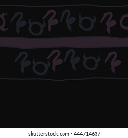 Horizontal seamless pattern of zodiac signs, doodles,  object, taurus,capricorn, stripes, spot, copy space. Hand drawn.