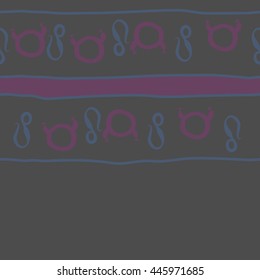 Horizontal seamless pattern of zodiac signs, doodles,  object, taurus,lions, stripes, spot, copy space. Hand drawn.