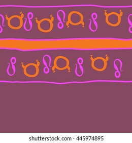 Horizontal seamless pattern of zodiac signs, doodles,  object, taurus,lions, stripes, spot, copy space. Hand drawn.