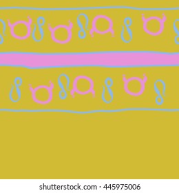 Horizontal seamless pattern of zodiac signs, doodles,  object, taurus,lions, stripes, spot, copy space. Hand drawn.