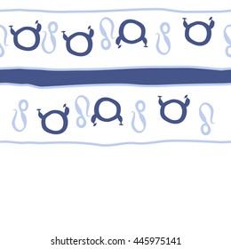 Horizontal seamless pattern of zodiac signs, doodles,  object, taurus,lions, stripes, spot, copy space. Hand drawn.