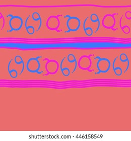 Horizontal seamless pattern of zodiac signs, doodles,  object, taurus, cancer, stripes, spot, copy space. Hand drawn.
