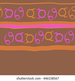 Horizontal seamless pattern of zodiac signs, doodles,  object, taurus, cancer, stripes, spot, copy space. Hand drawn.