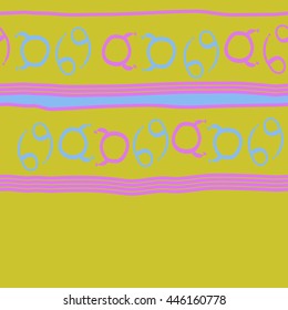 Horizontal seamless pattern of zodiac signs, doodles,  object, taurus, cancer, stripes, spot, copy space. Hand drawn.