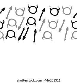 Horizontal seamless pattern of zodiac signs, doodles,  object, taurus,sagittarius,  copy space. Hand drawn.