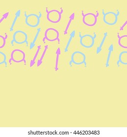 Horizontal seamless pattern of zodiac signs, doodles,  object, taurus,sagittarius,  copy space. Hand drawn.