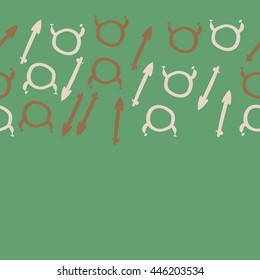 Horizontal seamless pattern of zodiac signs, doodles,  object, taurus,sagittarius,  copy space. Hand drawn.