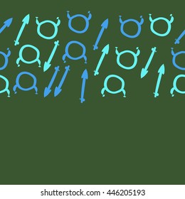 Horizontal seamless pattern of zodiac signs, doodles,  object, taurus,sagittarius,  copy space. Hand drawn.