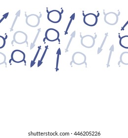 Horizontal seamless pattern of zodiac signs, doodles,  object, taurus,sagittarius,  copy space. Hand drawn.