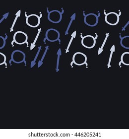 Horizontal seamless pattern of zodiac signs, doodles,  object, taurus,sagittarius,  copy space. Hand drawn.