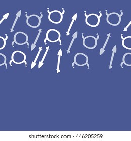 Horizontal seamless pattern of zodiac signs, doodles,  object, taurus,sagittarius,  copy space. Hand drawn.
