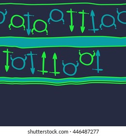 Horizontal seamless  pattern of zodiac signs, doodles,  object, taurus,sagittarius, stripes, copy space. Hand drawn.