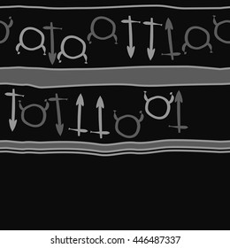 Horizontal seamless  pattern of zodiac signs, doodles,  object, taurus,sagittarius, stripes, copy space. Hand drawn.