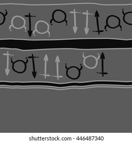 Horizontal seamless  pattern of zodiac signs, doodles,  object, taurus,sagittarius, stripes, copy space. Hand drawn.