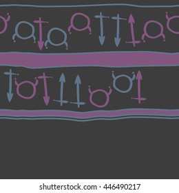 Horizontal seamless  pattern of zodiac signs, doodles,  object, taurus,sagittarius, stripes, copy space. Hand drawn.