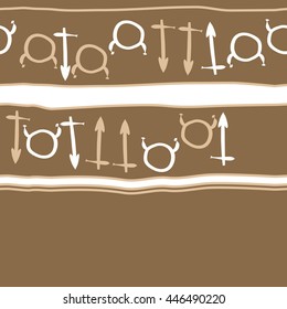 Horizontal seamless  pattern of zodiac signs, doodles,  object, taurus,sagittarius, stripes, copy space. Hand drawn.