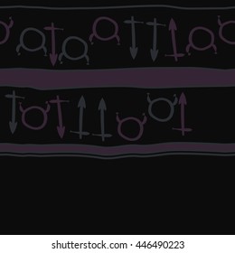 Horizontal seamless  pattern of zodiac signs, doodles,  object, taurus,sagittarius, stripes, copy space. Hand drawn.