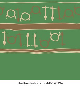 Horizontal seamless  pattern of zodiac signs, doodles,  object, taurus,sagittarius, stripes, copy space. Hand drawn.