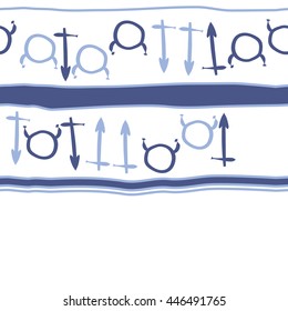 Horizontal seamless  pattern of zodiac signs, doodles,  object, taurus,sagittarius, stripes, copy space. Hand drawn.
