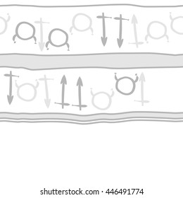 Horizontal seamless  pattern of zodiac signs, doodles,  object, taurus,sagittarius, stripes, copy space. Hand drawn.