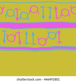 Horizontal seamless  pattern of zodiac signs, doodles,  object, taurus,sagittarius, stripes, copy space. Hand drawn.