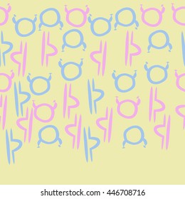 Horizontal seamless pattern of zodiac signs, doodles,  object, taurus,libra,  copy space. Hand drawn.
