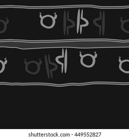 Horizontal seamless  pattern of zodiac signs, doodles,  object, taurus,libra, stripes, spot, copy space. Hand drawn.