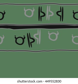 Horizontal seamless  pattern of zodiac signs, doodles,  object, taurus,libra, stripes, spot, copy space. Hand drawn.