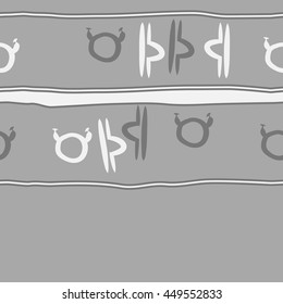 Horizontal seamless  pattern of zodiac signs, doodles,  object, taurus,libra, stripes, spot, copy space. Hand drawn.